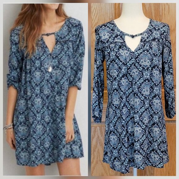 American Eagle Gauzy Babydoll Boho Peasant Blue Paisley Mini Dress - Picture 1 of 14